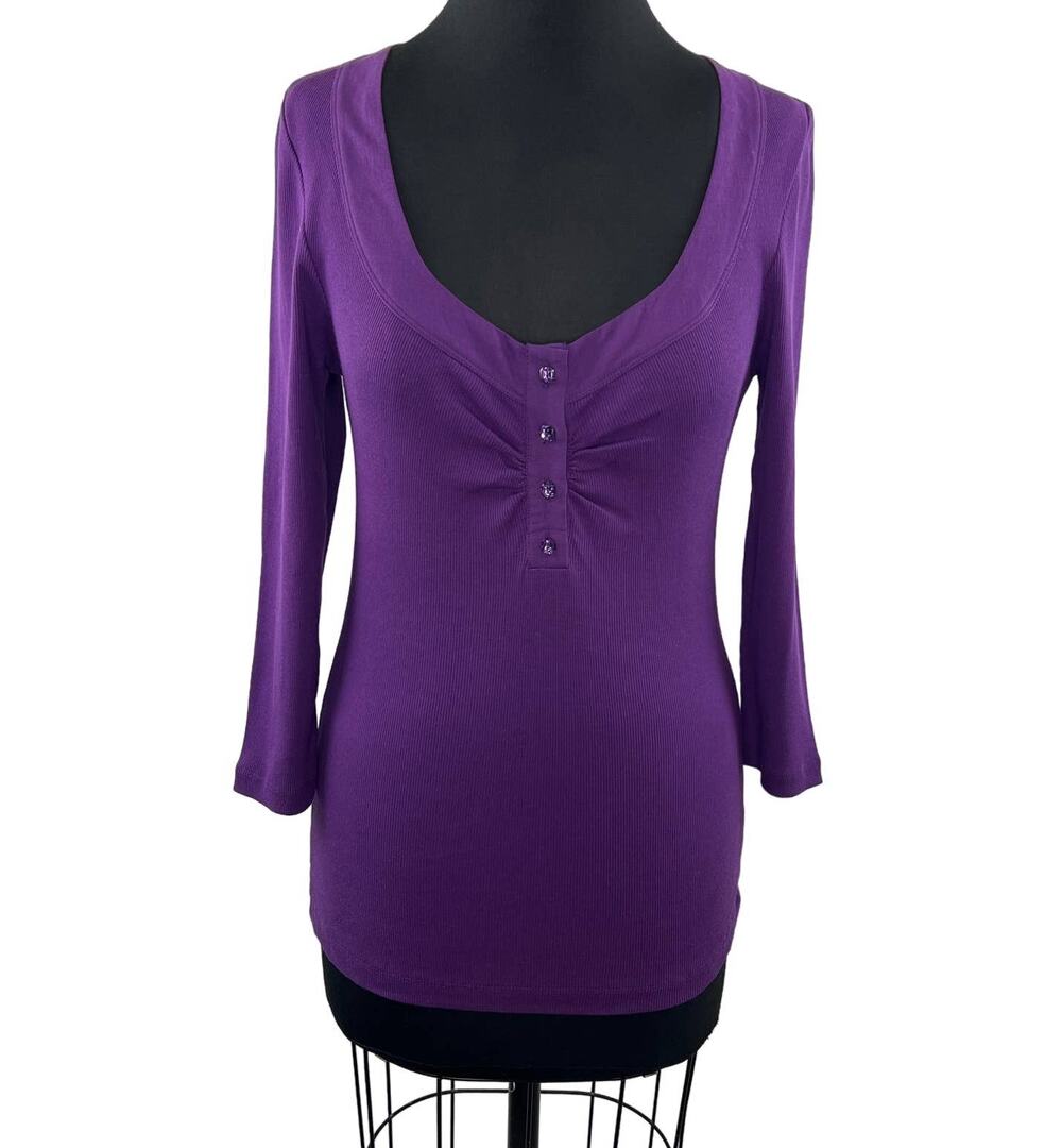 CHARLOTTE TARANTOLA Purple Henley Top Cotton Ribbed Scoop Neck 3/4 Sleeve M Med